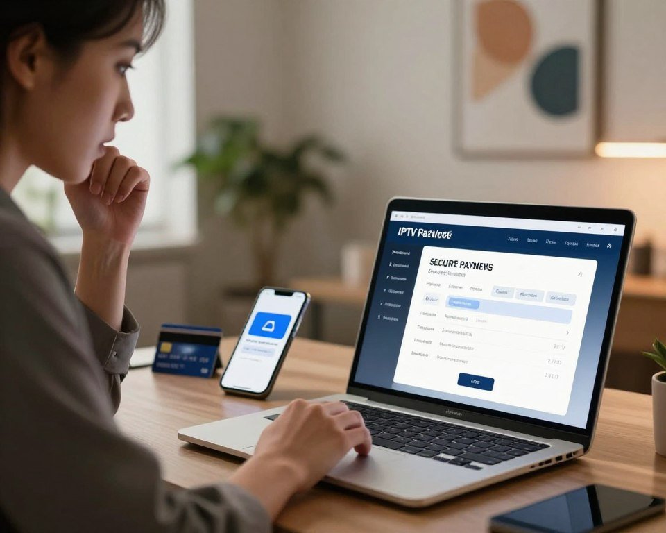 A modern workspace depicting a secure IPTV payment system. In the foreground, a sleek laptop sits open, displaying a secure payment interface for IPTV services. To the left, a professional-looking person in business attire, focused on the screen, with a thoughtful expression. The middle layer features a blurred stack of credit cards, symbolizing various payment methods, alongside a smartphone with a digital wallet app open. The background shows a softly lit, contemporary office space with a plant and abstract art on the walls, creating a calm and professional atmosphere. The lighting is warm and inviting, with a shallow depth of field to emphasize the laptop and payment options. The overall mood is secure and trustworthy, reflecting the importance of safe payment methods for IPTV subscriptions.
