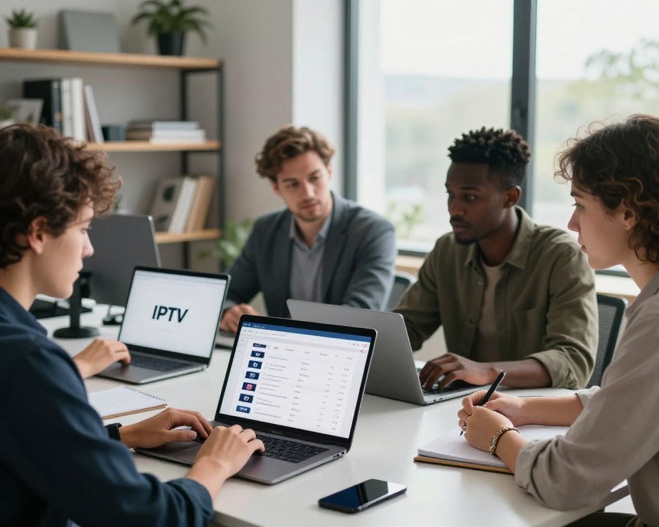 A modern workspace setting depicting a professional, diverse group of individuals gathered around a sleek table, analyzing IPTV subscription options on digital devices. The foreground features a laptop opened to a comparison chart of IPTV packages, bright screens showing logos of various services. In the middle, colleagues are engaged in discussion, one pointing to the screen while others take notes. Soft, natural lighting filters in through a large window, creating a bright and inviting atmosphere. In the background, shelves filled with tech books and modern decor add a touch of sophistication. The mood is focused and collaborative, emphasizing smart decision-making for choosing IPTV subscriptions in France.