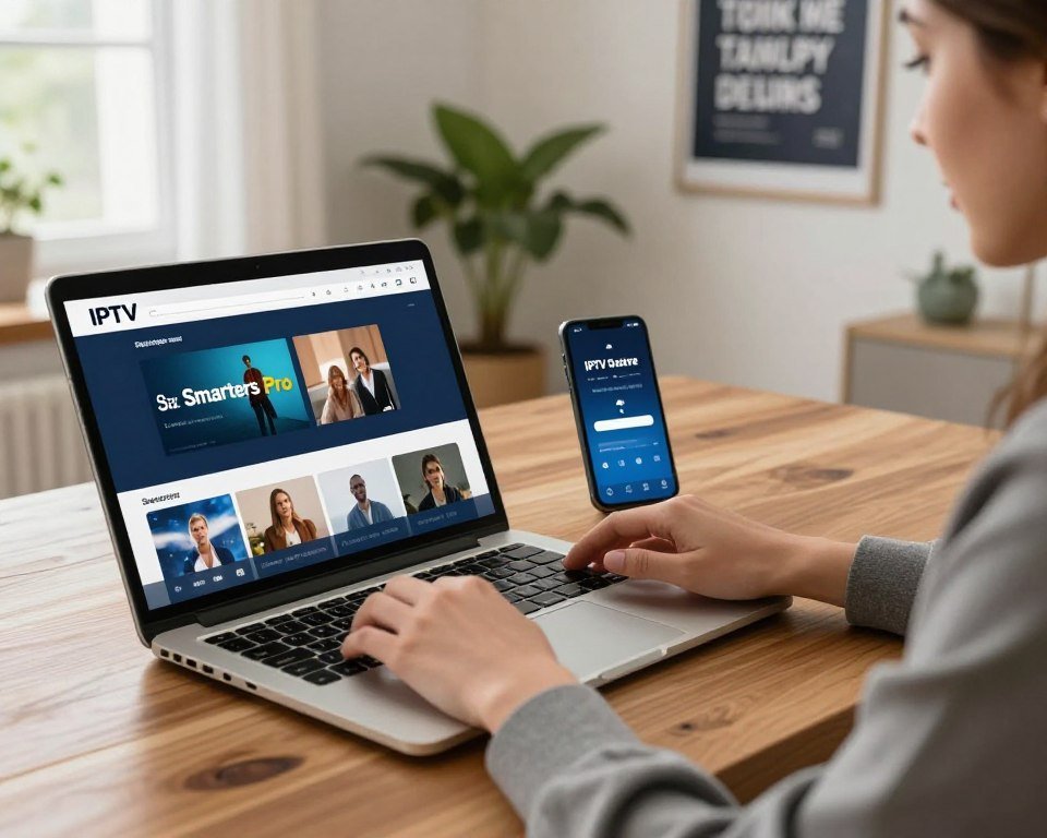 A modern workspace with a sleek laptop open on a wooden desk, displaying an IPTV Smarters Pro application interface. In the foreground, a pair of hands, professionally dressed in a smart casual outfit, are interacting with the laptop. The middle ground features a smartphone showing a download progress bar for the IPTV application. The background reveals a softly lit room with a plant and a motivational poster on the wall, creating a calm atmosphere. Natural light filters in from a window, enhancing the inviting look. The lens captures the scene from a slight angle, emphasizing the technology and connection. The overall mood is one of productivity and focus, ideal for guiding users through downloading the IPTV application.