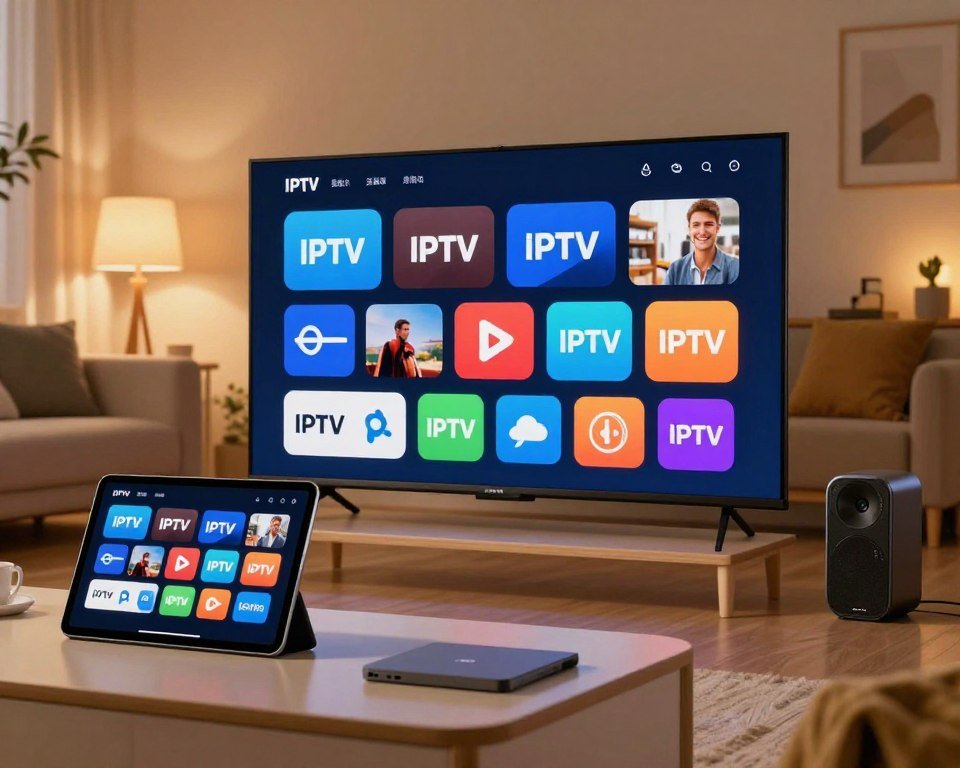 A professional and inviting digital representation of various IPTV subscription packages offered in France. In the foreground, showcase sleek, modern devices such as a tablet and smart TV displaying vibrant streaming options. The middle layer features an array of colorful IPTV package icons, artistically arranged to highlight the diversity of available plans. In the background, depict a comfortable living room setting, softly illuminated with warm lighting, creating an inviting atmosphere. Use a wide-angle lens to capture the entire scene, ensuring a cozy yet sophisticated vibe. Focus on creating a sense of reliability and innovation that reflects the IPTV service industry. The overall mood should be engaging and approachable, encouraging viewers to explore subscription opportunities.