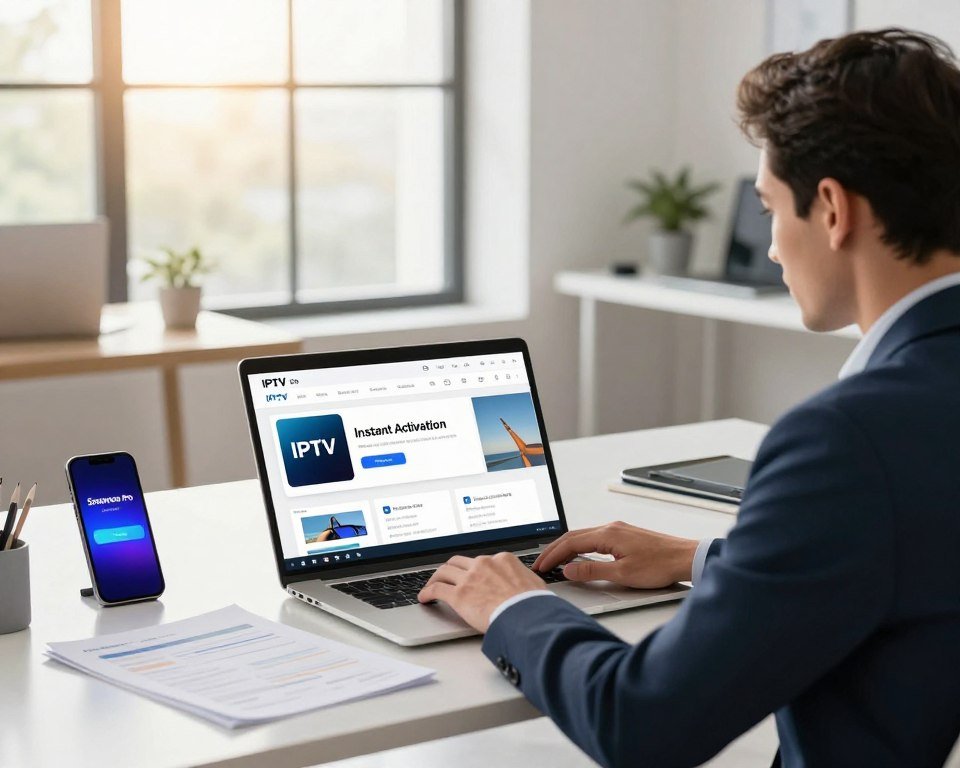 A professional and modern workspace showcasing the concept of "Instant Activation" for IPTV services. In the foreground, a well-dressed business professional sits at a sleek desk, focused on a laptop displaying the IPTV Smarters Pro interface. Bright, natural light filters through a large window, creating a warm and inviting atmosphere. In the middle ground, there are various documents and digital devices like a tablet and smartphone, highlighting support options. The background features a stylish office with minimalistic decor, ensuring the focus remains on the activation process. The overall mood is vibrant and efficient, emphasizing a seamless customer experience with technology. The scene is captured in a slightly angled perspective to add depth.