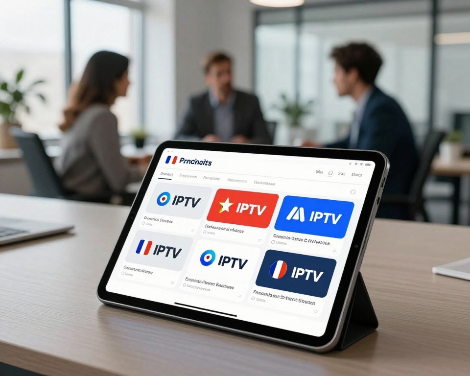 A professional and sleek comparison chart illustrating premium IPTV offerings in the French market. In the foreground, a modern digital tablet displays vibrant graphics of various IPTV packages, each represented by colorful icons and concise logos. The middle layer features a blurred-out office environment with professionals in business attire discussing the offerings, emphasizing collaboration and decision-making. The background showcases a contemporary workspace with muted colors, large windows allowing soft natural light, and minimalistic decor. The atmosphere conveys a sense of professionalism and innovation, inviting the viewer to engage with the premium services being compared. The scene is captured from a slight angle above, providing a clear view of the tablet and its contents.