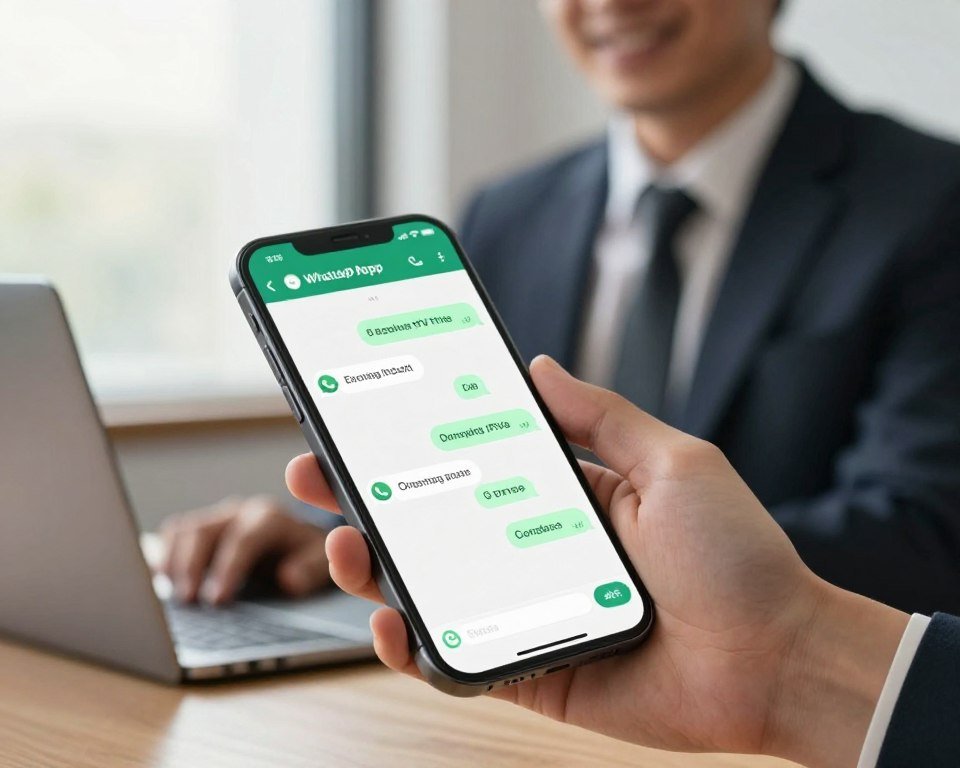 A professional and sleek illustration depicting the process of ordering IPTV services via WhatsApp. In the foreground, a modern smartphone with the WhatsApp interface open, showing a chat conversation about IPTV services. The middle layer features a well-dressed person, possibly a business professional, holding the smartphone and smiling, exuding confidence in a secure payment experience. The background is a blurred office environment with soft, natural lighting coming from a window, creating a warm and inviting atmosphere. The focus is on the interaction with technology, symbolizing convenience and security in the ordering process. Aim for an overall feeling of trust and professionalism, with a smooth and clean composition.