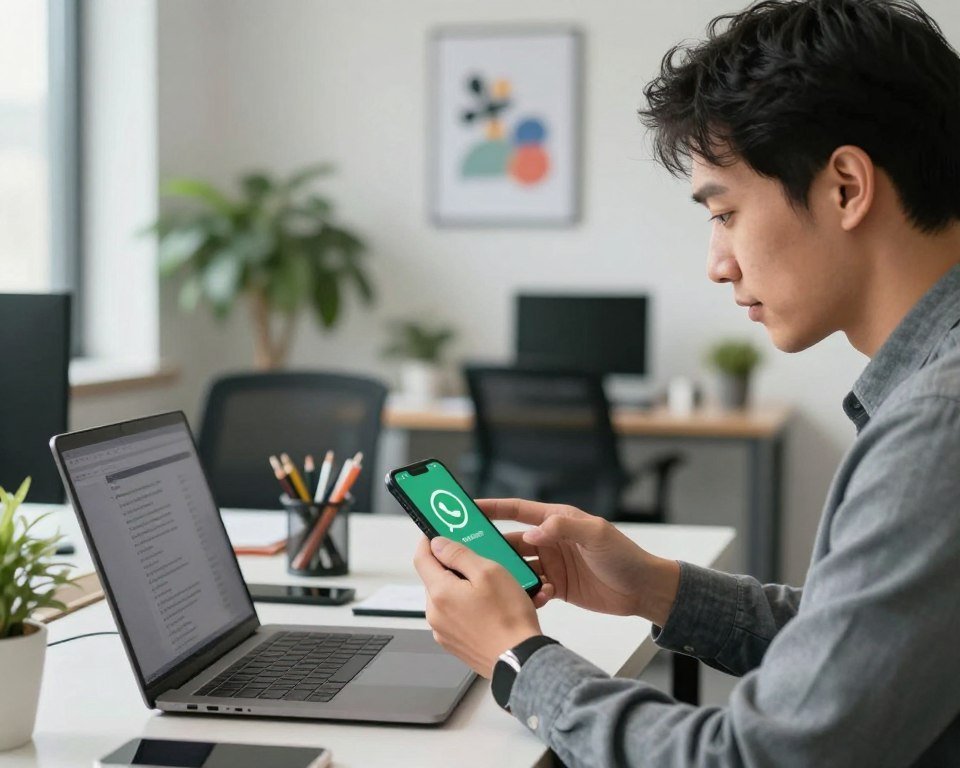A professional individual in a modern office setting, attentively communicating with a client through WhatsApp on their smartphone. The foreground features the person, dressed in smart casual attire, with a focused expression as they type a response. In the middle, the desk is neatly arranged with a laptop, and various tech gadgets, symbolizing a supportive environment. The background displays a soft-focus view of the office, with plants and motivational artwork, creating a welcoming atmosphere. Soft, natural lighting illuminates the scene, enhancing the professional yet friendly mood. The image suggests personalized assistance through modern technology, emphasizing a connection between service and client satisfaction.