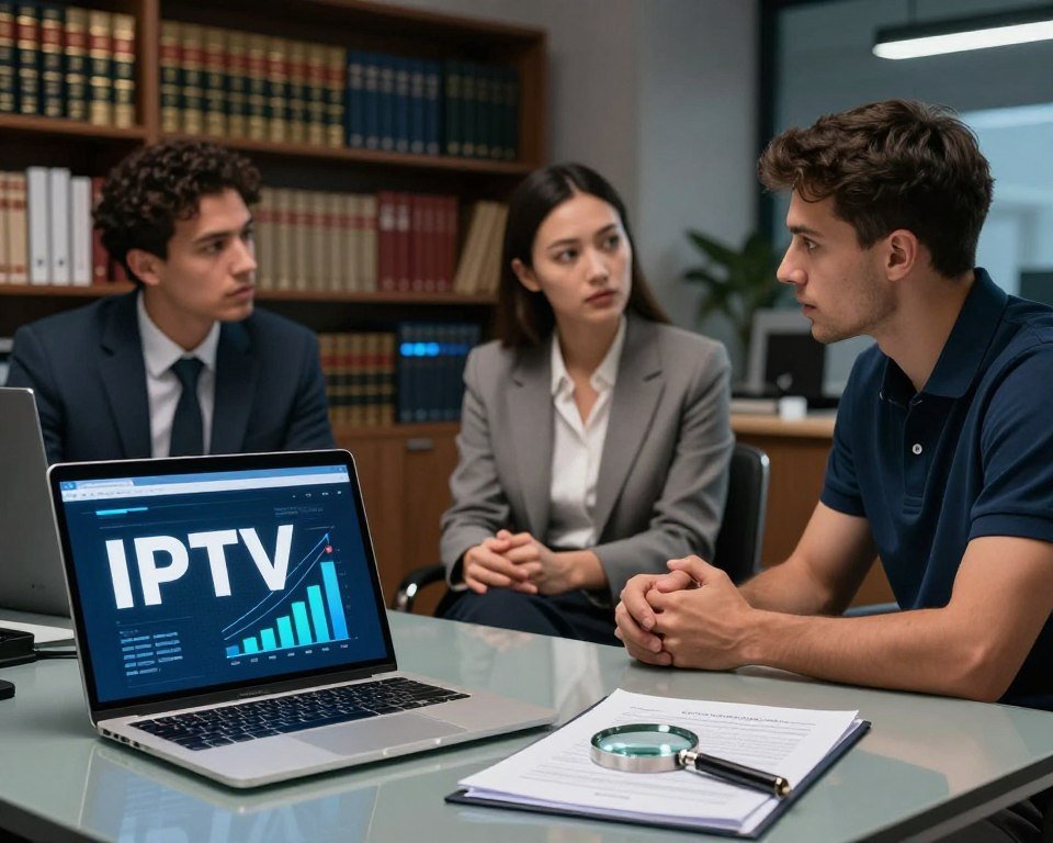 A professional setting illustrating the concept of IPTV legality and security. In the foreground, a sleek modern desk with a laptop displaying stylized graphs related to IPTV services, and an open legal document with a magnifying glass. In the middle ground, a diverse group of three professionals - a man in a tailored suit, a woman in smart business casual, and a technician in a polo shirt, all engaged in a serious discussion. The background features shelves filled with legal textbooks and technology articles, under soft, ambient lighting that conveys a serious mood. The composition should reflect a sense of trust and professionalism, showcasing the importance of legality and security in IPTV services.