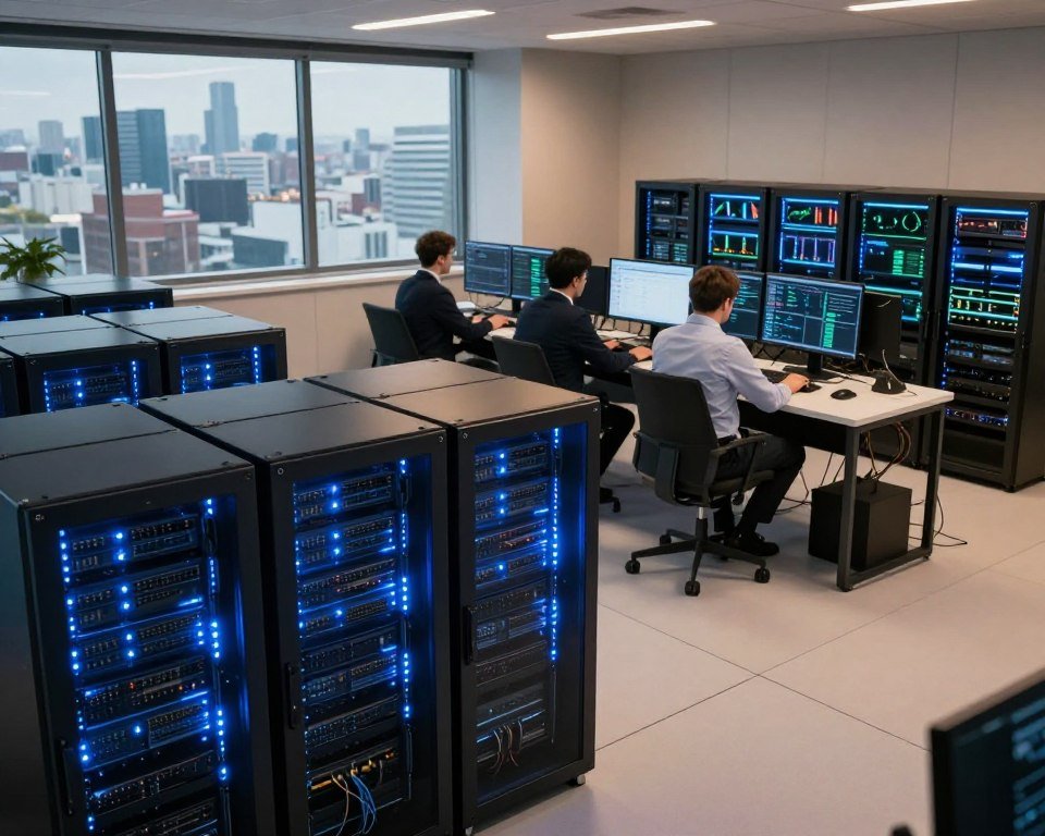 A professional setting showcasing a high-tech European IPTV server room. In the foreground, sleek, modern servers glow with blue LED lights, displaying a sense of energy and activity. The middle ground reveals technicians in professional business attire monitoring screens with data analytics and performance metrics displayed, illustrating quality and stability. In the background, a large window reveals the skyline of a European city, hinting at a bustling tech hub outside. Soft, ambient lighting casts a warm glow across the scene, creating an atmosphere of reliability and performance. The angle is slightly elevated, providing a panoramic view of the entire room. Focus on conveying a sense of cutting-edge technology and efficiency, with a clean, organized layout.