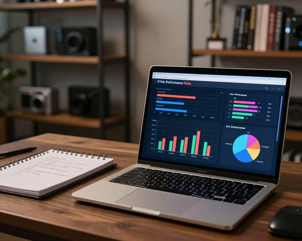 A professional setup showcasing a detailed analysis of IPTV price-performance ratio. In the foreground, a sleek laptop displaying charts and graphs related to IPTV subscriptions, with colorful bar graphs and pie charts representing price comparisons. To the left, an elegant, modern notepad filled with handwritten notes. In the background, out of focus shelves lined with tech gadgets and books about media streaming. Soft, warm lighting creates a focused atmosphere, while a slight blur on the edges draws attention to the analysis in the center. The scene should convey a sense of professionalism and critical evaluation, suitable for a tech-savvy audience.