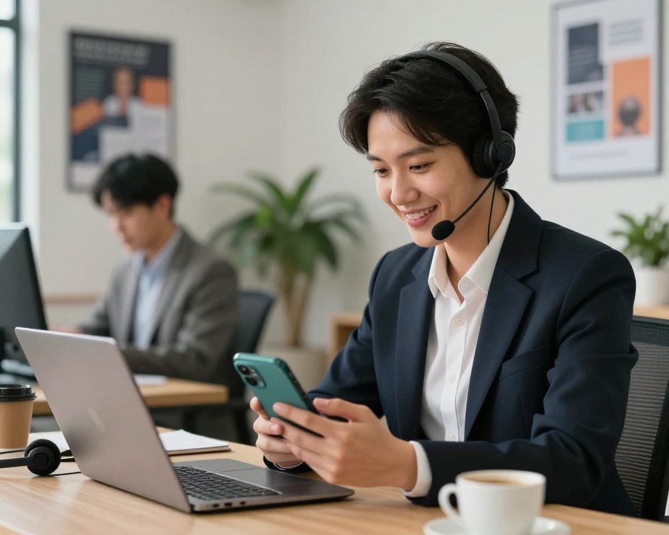 A professional support agent in a modern office setting, focused on assisting clients via WhatsApp on a sleek smartphone. In the foreground, the agent, wearing a smart business outfit, is intently engaging with the phone, a warm smile suggesting friendly support. The middle ground features a well-organized desk with a laptop, headset, and coffee cup, hinting at a busy yet efficient work environment. In the background, soft, diffused lighting illuminates a stylishly decorated office with motivational posters and plants, creating a welcoming atmosphere. The overall mood is one of professionalism, warmth, and availability, capturing the essence of 24/7 customer support. Aim for a slightly angled view to emphasize the interaction between the agent and the smartphone.
