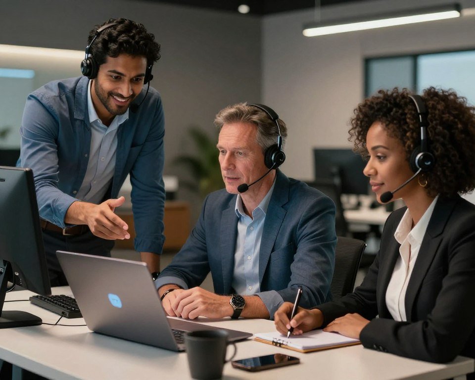 A professional support environment showcasing a customer service scene related to IPTV Smarters Pro. In the foreground, a diverse team of two support agents, one male and one female, are assisting a client via a laptop, both dressed in smart business attire. The agent on the left, a South Asian man, gestures toward the screen with a smile, while the agent on the right, a Black woman, takes notes. In the middle, the client, a middle-aged Caucasian man, looks engaged and attentive, sitting at a modern desk cluttered with tech gadgets. The background fades into a sleek office space decorated with minimalistic furniture and subtle tech accents, illuminated by soft, ambient lighting that creates a warm and welcoming atmosphere. The angle captures the interaction to emphasize connection and support, with a focus on professionalism and collaboration.