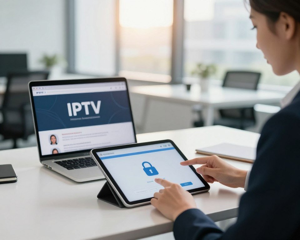 A secure IPTV payment scene in a sleek, modern office environment. In the foreground, a professional business person dressed in smart attire is confidently entering payment information on a tablet with a visible security lock icon, symbolizing security. In the middle ground, a stylish desk with a laptop displaying IPTV services and customer testimonials can be seen. The background features an elegant office with large windows, letting in warm, soft daylight, creating an inviting atmosphere. The mood is focused and confident, highlighting safety and professionalism in digital payments. Use a shallow depth of field to emphasize the foreground details while softly blurring the background. Aim for a bright, welcoming color palette.