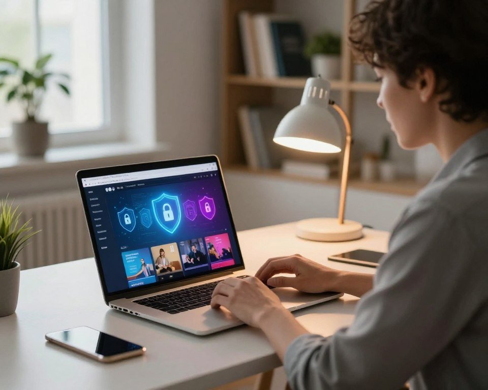 A serene, modern home office setting with a sleek desk featuring a laptop displaying a vibrant streaming interface. In the foreground, a professional person in business casual attire, focusing intently on the screen, symbolizes secure streaming. In the middle, hints of digital security visuals like shield icons and lock symbols subtly integrated within the laptop screen, illuminated by a warm, inviting desk lamp. The background reveals blurred shelves filled with books and a potted plant, suggesting a peaceful and productive atmosphere. Soft, natural lighting streams in from a window, creating a calm mood. The angle captures the scene from a slightly elevated perspective, emphasizing both the individual and the technological elements of VPN security.