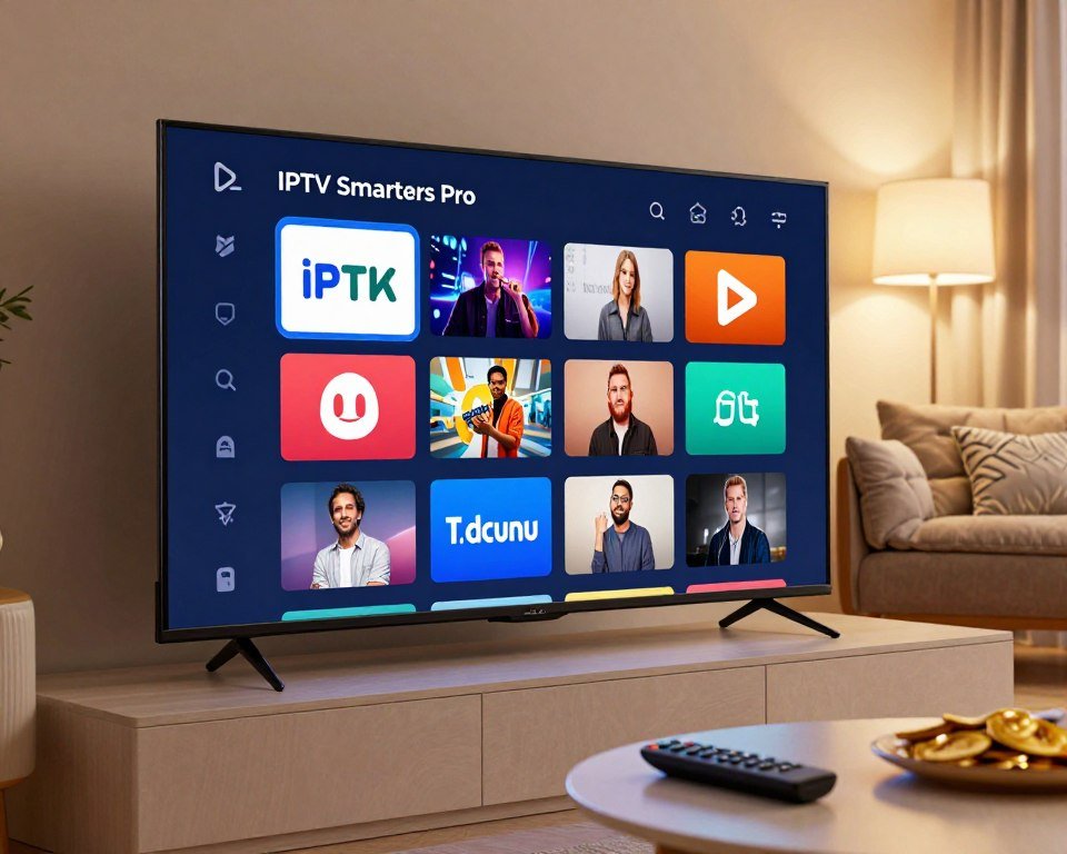 A sleek and modern IPTV Smarters Pro interface displayed on a high-resolution flat-screen TV in a contemporary living room setting. In the foreground, the focus is on the vivid, colorful icons of various TV channels and on-demand options, arranged in an intuitive grid layout. The middle ground features a cozy sofa with stylish cushions, and a coffee table adorned with a remote control and snacks. In the background, soft, ambient lighting emanates from a modern lamp, enhancing the inviting atmosphere. The scene is captured from a slightly elevated angle, showcasing the interface clearly while creating depth with a warm, welcoming vibe. The overall mood is engaging and user-friendly, reflecting a high-tech entertainment experience without any text or distractions.