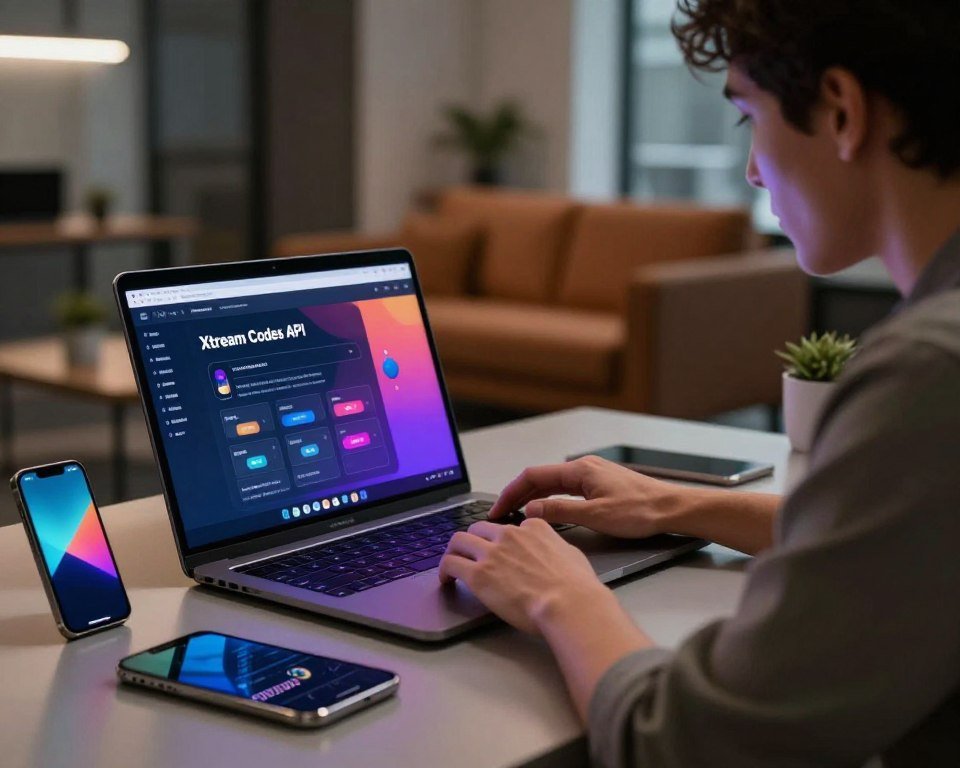 A sleek and modern digital workspace featuring a laptop displaying the Xtream Codes API interface, with vibrant colors highlighting the various connection options. In the foreground, there are neatly arranged tech gadgets like a smartphone and a tablet, all reflecting a high-tech, professional environment. In the middle ground, a focused individual in smart casual attire interacts with the laptop, their face lit by the screen's glow, embodying concentration and expertise. The background is softly blurred, revealing a contemporary office setting with plush furnishings and ambient lighting, creating an inviting atmosphere for productivity and creativity. The overall mood is one of innovation and support in the world of IPTV technology.