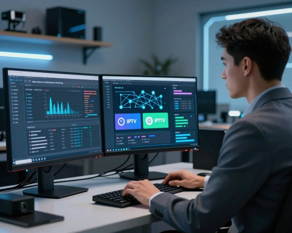 A sleek and modern workspace depicting an IT professional performing "mise à jour et maintenance streaming" on a computer. In the foreground, a focused individual in a smart business attire is attentively analyzing data on multiple monitors displaying streaming statistics and software update notifications. The middle layer features digital interfaces showcasing graphs, network connections, and IPTV app icons, illuminated by soft blue and green lighting to create a tech-savvy atmosphere. In the background, shelves holding tech gadgets and devices hint at a futuristic environment, with soft-focus elements to draw attention to the foreground. The scene conveys a sense of calm efficiency, emphasizing the importance of continuous maintenance and updates in the streaming technology landscape.