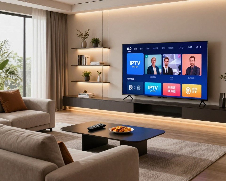 A sleek, modern living room designed for entertainment, featuring a large OLED TV displaying vibrant streaming content, showcasing the exceptional quality of IPTV services. In the foreground, a comfortable sofa equipped with plush cushions sits invitingly, while a stylish coffee table holds remote controls and snacks. Soft, ambient lighting illuminates the space, creating a warm and cozy atmosphere. In the middle, a decorative shelf with plants and books adds a touch of elegance, enhancing the environment for relaxation and enjoyment. The background reveals a window allowing natural light to filter in, with elegant curtains framing the view. The overall mood is inviting and upscale, emphasizing the advantages of seamless IPTV streaming and secure accessibility for users.
