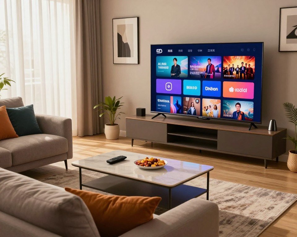 A sleek, modern living room featuring a large flat-screen TV displaying vibrant images of high-quality TV channels and VOD content. In the foreground, a comfortable sofa with colorful cushions invites viewers to sit and enjoy the rich visuals. The middle ground includes a stylish coffee table with a remote control and snacks, emphasizing a cozy viewing experience. Soft, warm lighting creates a welcoming atmosphere, while sunlight filters through sheer curtains in the background, illuminating the room. The walls are adorned with framed art pieces related to entertainment, enhancing the theme of high-quality viewing experiences. Overall, the image conveys a sense of relaxation and enjoyment in accessing premium television content.
