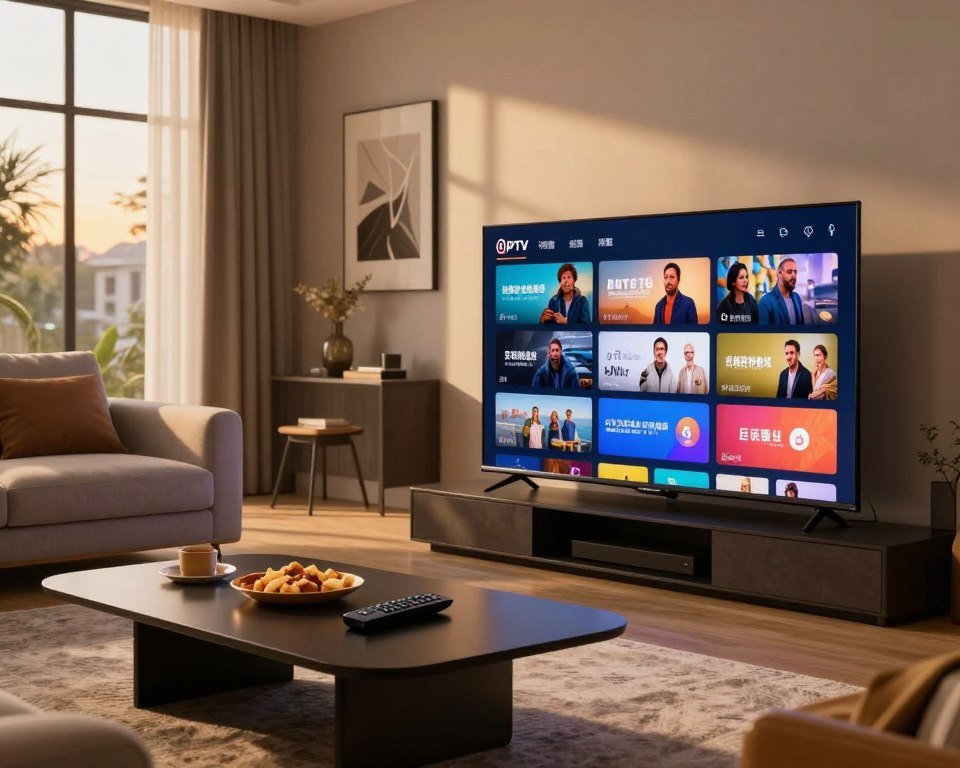 A sleek, modern living room filled with a relaxing atmosphere, showcasing a high-quality IPTV setup. In the foreground, a state-of-the-art flat-screen TV displays a vibrant array of popular channels, casting a warm glow in the soft evening light. In the middle, a stylish coffee table adorned with a remote control and snacks invites viewers to unwind. The background features elegant décor, including a cozy sofa and tasteful artwork that suggests sophistication. Natural light filters through large windows, creating a tranquil ambiance. The scene conveys the advantages of premium IPTV subscriptions, emphasizing comfort and entertainment quality. Capture this moment from a slightly angled view to enhance depth, with a focus on clarity and detail.