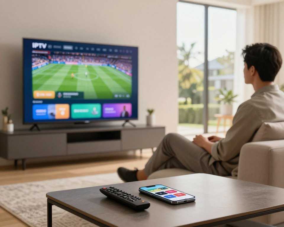 A sleek, modern living room setting with a large flat-screen TV displaying a vibrant IPTV interface. In the foreground, a stylish coffee table holds a remote control and a smartphone with streaming apps open. The middle ground features a cozy sofa, with a person in professional casual attire relaxed, fully engaged in watching a sports event on the TV, reflecting the reliability of IPTV services. Soft, warm lighting creates an inviting atmosphere, while large windows in the background let in gentle daylight, enhancing the scene. A subtle blur of greenery outside suggests a peaceful suburban environment. The overall mood is one of comfort, modernity, and the enjoyment of seamless entertainment.