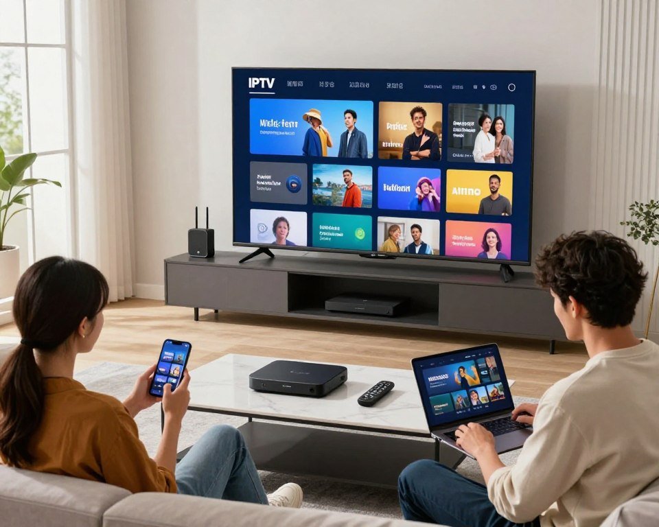 A sleek, modern living room setting with a large flat-screen TV displaying various IPTV application interfaces, symbolizing multi-device compatibility. In the foreground, a diverse group of individuals (one man and two women) casually dressed, actively engaging with smartphones, tablets, and a laptop, showcasing seamless interaction across devices. The middle ground features prominently placed devices like a streaming box and remote controls, along with a stylish coffee table. Natural light floods the room through large windows, creating a bright and inviting atmosphere. The background includes subtle hints of technology, like a Wi-Fi router and decorative elements that complement the contemporary decor. The scene conveys a feeling of connectivity, convenience, and modern living centered around IPTV.
