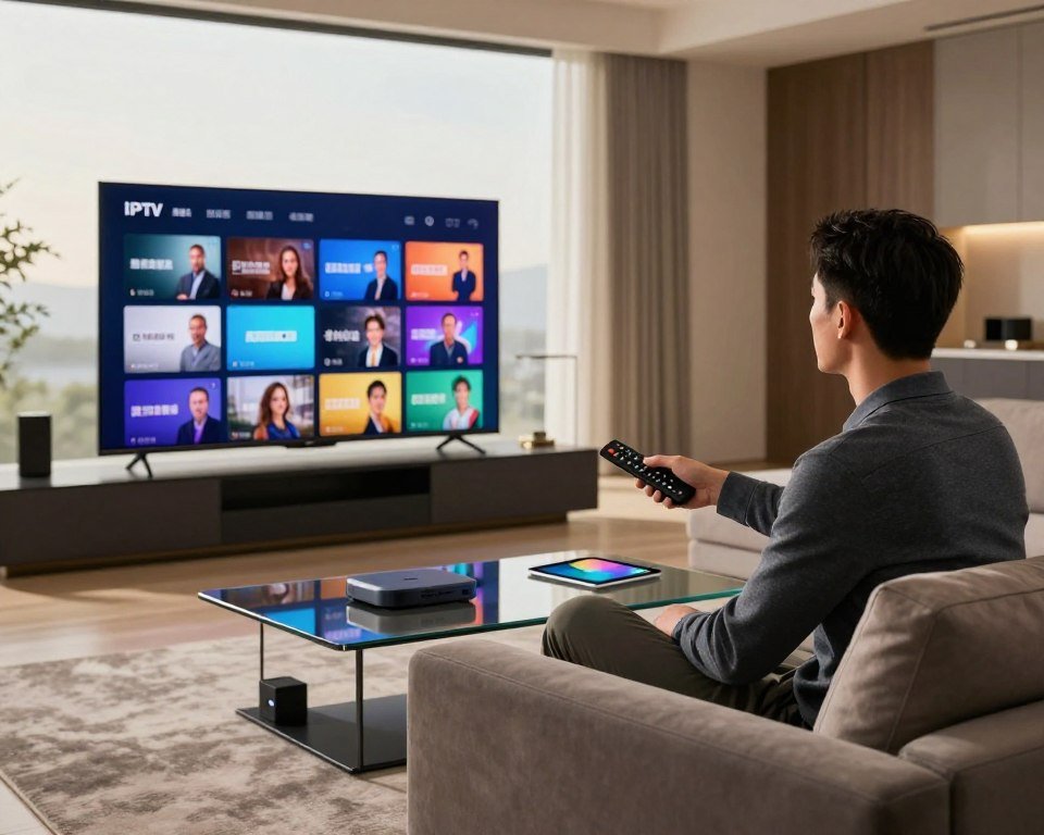 A sleek, modern living room showcasing a high-definition television displaying a vibrant array of IPTV channels. In the foreground, a stylish, professional-looking man in smart casual attire sits comfortably on a contemporary sofa, engrossed in the screen. He holds a remote control, emphasizing the interactive aspect of IPTV technology. In the middle ground, there’s a glass coffee table with a few tech gadgets, like a streaming device and a tablet. The background features a large window with soft natural light streaming in, illuminating the room with a warm, inviting atmosphere. The overall mood is contemporary and tech-savvy, capturing the essence of IPTV in a stylish, appealing environment, shot with a wide-angle lens to enhance depth and perspective.