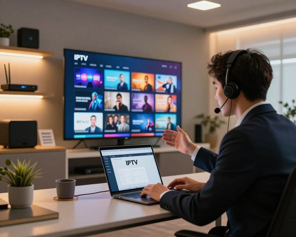 A sleek, modern office environment designed for customer support, showcasing a professional technician assisting a client with IPTV activation. In the foreground, a focused technician, dressed in business attire, is seated at a stylish desk with a laptop open, displaying the IPTV activation interface. The middle ground features a large, high-resolution screen with vibrant IPTV channels, showcasing a variety of genres. The background includes shelves with IPTV hardware and promotional materials, illuminated by warm, inviting lighting, creating a friendly atmosphere. Use a slight low-angle shot to emphasize the sense of professionalism and urgency in the activation process, conveying a supportive mood with soft shadows that enhance the modern feel.