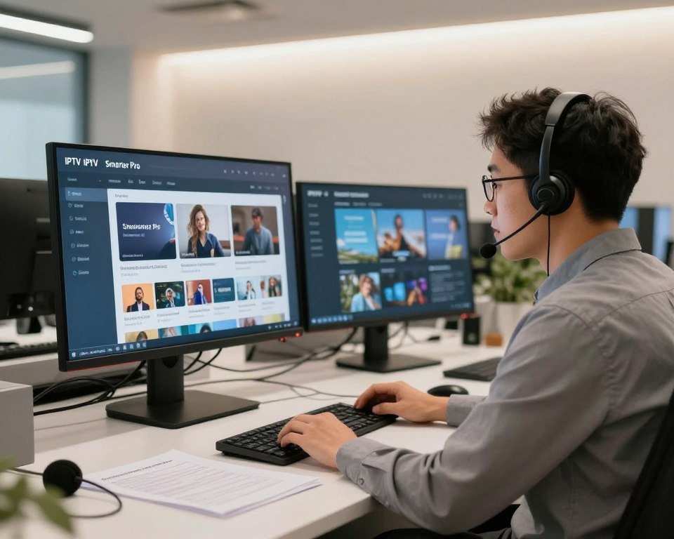 A sleek, modern office environment with a focus on technology and support, depicting a professional technician in modest business attire. In the foreground, the technician is engaged with a customer on a large, high-resolution screen showing the IPTV Smarter Pro interface, showcasing features like channels and settings. In the middle ground, a desk equipped with multiple monitors, a headset, and paperwork indicates active support functions. The background features a clean, minimalistic design with soft, warm lighting to create an inviting atmosphere. The overall mood conveys efficiency and professionalism, emphasizing instant activation and 24/7 technical support. Use a slightly angled perspective to add depth, highlighting the interaction between the technician and the screen.