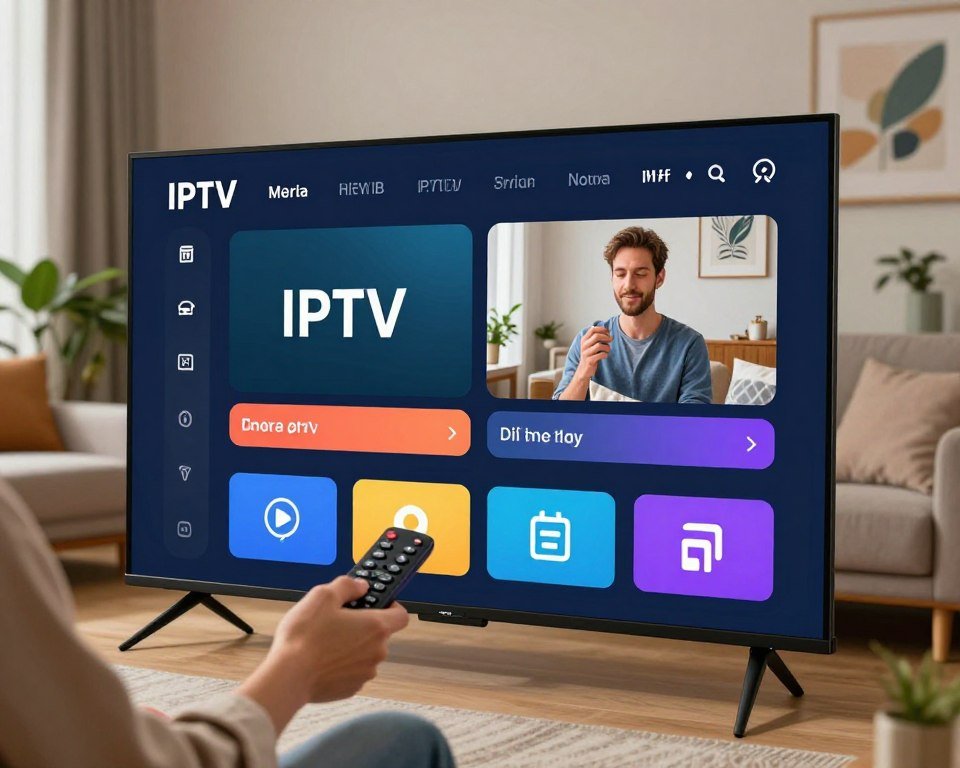A sleek, modern user interface design for an IPTV application displayed on a large, high-definition screen in a stylish living room setting. In the foreground, close-up view of the screen shows a vibrant, intuitive layout with easy-to-navigate options and icons. The middle ground features a comfortable sofa with a person in smart casual attire engaging with the interface using a remote control. Soft, ambient lighting creates a friendly and inviting atmosphere, emphasizing modern technology. The background showcases tasteful decor, including plants and artwork, creating a cohesive look. Use a shallow depth of field to focus on the screen and user interaction, enhancing the mood of user-friendliness and accessibility.