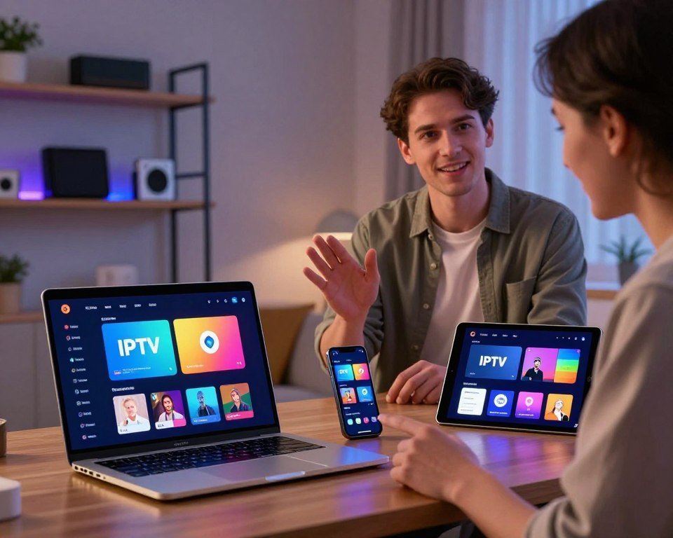 A sleek, modern workspace showcasing the installation of IPTV Smarters Pro on various devices. In the foreground, a laptop displays the IPTV software interface, with a smartphone and a tablet beside it, all showcasing the app's vibrant design. In the middle, a professional in modest casual clothing is attentively explaining the installation process, gesturing towards the devices. The background features a stylish home environment, with soft ambient lighting creating a comfortable atmosphere. The lighting highlights the screens, making the app interface glow. A clear view of a shelf with tech gadgets adds depth to the scene, reflecting a tech-savvy space. The overall mood conveys a sense of ease and accessibility in technology installation.