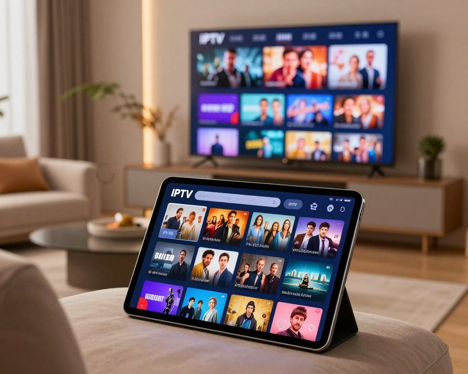 A vibrant and engaging IPTV catalogue display set in a modern, stylish living room. In the foreground, a sleek digital tablet showcases a colorful interface filled with thumbnails of movies, series, and various TV channels. The middle ground features a cozy sofa with a subtle, elegant design, adorned with plush cushions, inviting viewers to sit and browse. In the background, a large flat-screen TV displays an array of genres, illustrating diversity with stills from action movies, romantic comedies, and popular series. Soft, warm lighting casts a friendly atmosphere, enhancing the sense of comfort. The overall mood is inviting and contemporary, emphasizing the richness of content available on IPTV. The scene is framed from a slightly elevated angle, capturing both the tablet and the TV, showcasing the integration of technology and entertainment. A vibrant and engaging IPTV catalogue display set in a modern, stylish living room. In the foreground, a sleek digital tablet showcases a colorful interface filled with thumbnails of movies, series, and various TV channels. The middle ground features a cozy sofa with a subtle, elegant design, adorned with plush cushions, inviting viewers to sit and browse. In the background, a large flat-screen TV displays an array of genres, illustrating diversity with stills from action movies, romantic comedies, and popular series. Soft, warm lighting casts a friendly atmosphere, enhancing the sense of comfort. The overall mood is inviting and contemporary, emphasizing the richness of content available on IPTV. The scene is framed from a slightly elevated angle, capturing both the tablet and the TV, showcasing the integration of technology and entertainment.