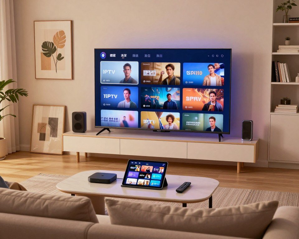A vibrant and modern living room setup, focused on a sleek television displaying various IPTV content, illuminating the space with a soft glow. In the foreground, a comfortable couch with neutral-colored cushions invites viewers to relax. In the middle, the television is surrounded by high-tech devices like a streaming box, remote controls, and a sleek coffee table with an open tablet showcasing a channel menu. The background features decorative elements such as wall art and bookshelves, suggesting a cozy yet contemporary atmosphere. Soft, warm lighting creates an inviting mood, capturing the essence of quality and stability in IPTV service. Include details that indicate a seamless streaming experience, like a subtle blur effect on the screen to emphasize motion. Use a wide-angle lens effect to enhance depth and perspective.