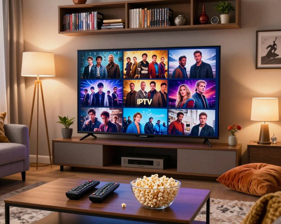 A vibrant living room scene showcasing a large flat-screen television displaying a collage of popular international films and series from various IPTV channels. In the foreground, a stylish coffee table holds remote controls and popcorn, inviting a cozy viewing experience. The middle ground features comfortable seating, tastefully arranged with plush cushions, suggesting a welcoming atmosphere. Soft lighting emanates from strategically placed floor lamps, creating a warm and inviting ambiance. The background shows a modern bookshelf filled with DVDs and decorative items reflecting diverse cultures. The overall mood should evoke excitement and anticipation for exploring a rich variety of content available through IPTV, appealing to enthusiasts of films and series.