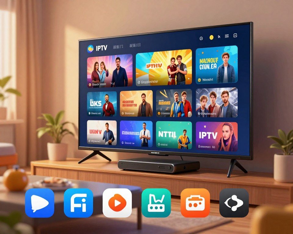 A visually appealing and modern digital illustration showcasing a vibrant IPTV interface. In the foreground, display an elegant selection of various media content icons representing channels, movies, series, and sports, arranged neatly and attractively. The middle ground features a sleek, high-tech device or smart television displaying a colorful user interface with thumbnails of popular shows and movies. The background should be a cozy living room setting, softly lit with warm lighting that creates an inviting atmosphere. Use a wide-angle lens perspective to emphasize the array of content available, capturing the excitement of home entertainment. The overall mood should evoke a sense of convenience and entertainment, appealing to viewers looking for a comprehensive IPTV experience.