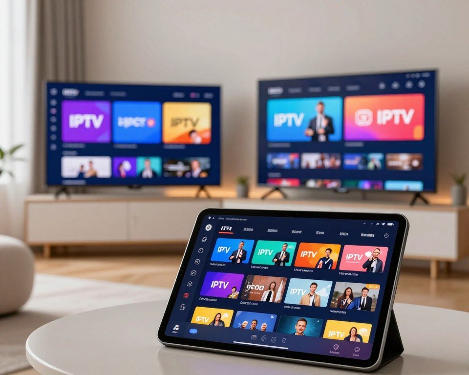 A visually engaging comparison of IPTV services, featuring three different digital interfaces displayed on modern screens. In the foreground, a sleek tablet shows an IPTV service with vibrant, colorful thumbnails of various channels. The middle ground features a smart TV screen displaying side-by-side comparisons of IPTV providers, showcasing their logo designs and interface styles. In the background, a stylish home entertainment setup with ambient lighting subtly illuminates the room, creating a cozy and inviting atmosphere. The scene is depicted in bright, natural light, emphasizing the clarity of the screens. Capture the essence of modern technology and entertainment, evoking a feel of innovation and advancement in digital streaming services.