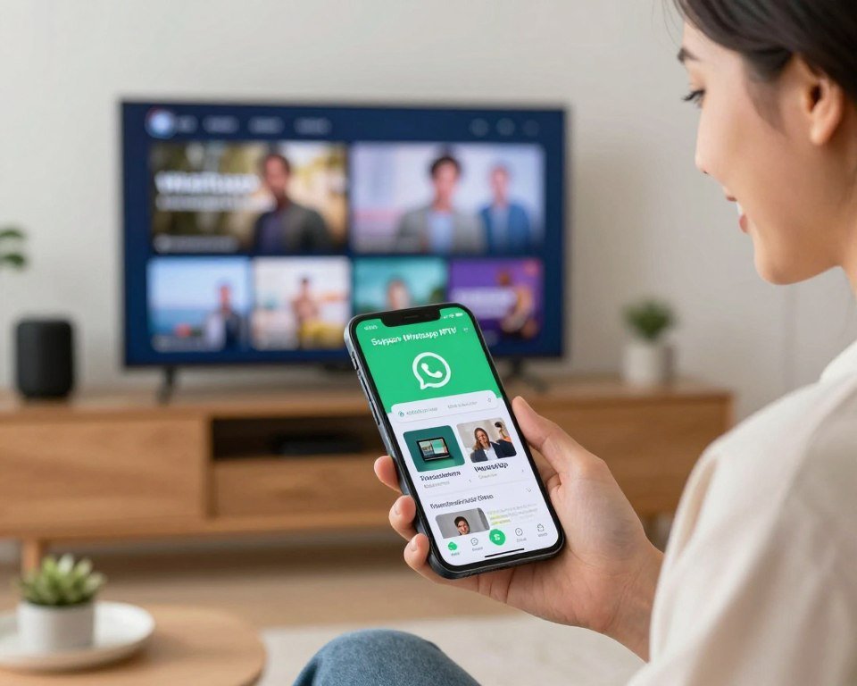 A visually striking image depicting the concept of "Support Whatsapp IPTV." In the foreground, a modern smartphone displaying the WhatsApp interface with an IPTV app visible, vibrant colors catching the eye. The middle layer features a cozy living room setting with a sleek television playing IPTV content, soft ambient lighting creating a warm atmosphere. A stylish, professional-looking person, dressed in business attire, interacts with the phone, showcasing a friendly, approachable expression. In the background, a minimalist decor enhances the ambiance, with hints of technology like a smart speaker or streaming device. The overall mood is inviting and informative, emphasizing the benefits of secure IPTV subscriptions through WhatsApp. Use natural light for a bright, engaging feel with a soft-focus effect on the background to keep the focus on the smartphone and the user. A visually striking image depicting the concept of "Support Whatsapp IPTV." In the foreground, a modern smartphone displaying the WhatsApp interface with an IPTV app visible, vibrant colors catching the eye. The middle layer features a cozy living room setting with a sleek television playing IPTV content, soft ambient lighting creating a warm atmosphere. A stylish, professional-looking person, dressed in business attire, interacts with the phone, showcasing a friendly, approachable expression. In the background, a minimalist decor enhances the ambiance, with hints of technology like a smart speaker or streaming device. The overall mood is inviting and informative, emphasizing the benefits of secure IPTV subscriptions through WhatsApp. Use natural light for a bright, engaging feel with a soft-focus effect on the background to keep the focus on the smartphone and the user.