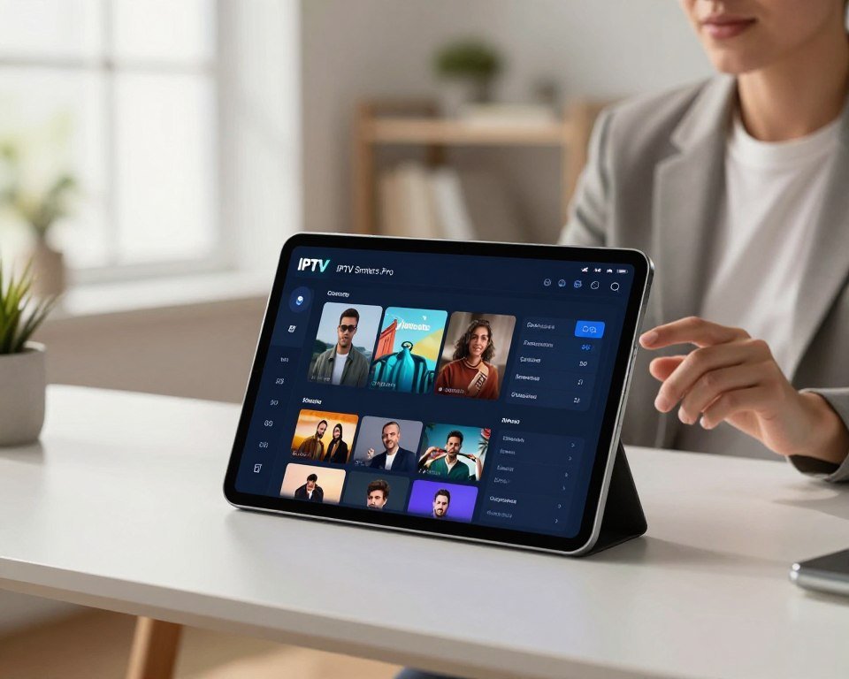 An advanced IPTV Smarters Pro application interface displayed on a sleek modern tablet, placed on a stylish desk. The foreground features the tablet with vibrant, user-friendly interface elements showcasing live streaming, channel selection, and advanced settings. In the middle ground, a professional-looking person in business casual attire interacts with the application, demonstrating ease of use. The background showcases a clean, contemporary home office environment with soft natural light streaming through a window, creating a welcoming and high-tech atmosphere. The entire scene conveys a sense of innovation, accessibility, and professionalism, highlighting the advanced features of the application.