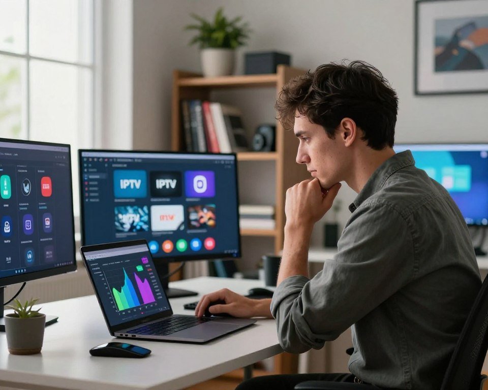 An individual sitting at a sleek modern desk, engaged in thoughtful contemplation while comparing IPTV subscription options on a laptop. The person, dressed in smart casual attire, has a focused expression, surrounded by various digital screens displaying icons of popular streaming services. In the foreground, there are colorful graphs illustrating pricing comparisons. The middle ground features a stylish bookshelf filled with technology-related books and a small potted plant for a touch of greenery. In the background, soft daylight pours in through a window, creating a warm and inviting atmosphere. The composition should suggest a sense of informed decision-making and modern consumer technology trends, while maintaining a professional and polished look.