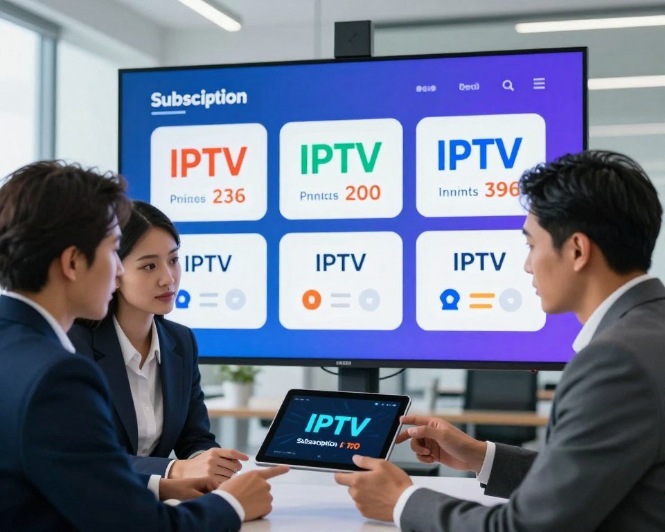 An informative and visually engaging comparison of IPTV subscription offers displayed in a sleek and modern style. In the foreground, a diverse group of three professionals in business attire are discussing IPTV options on a digital tablet, their expressions focused and engaged. The middle section features a large, vibrant screen with icons representing different IPTV packages, showcasing features like price points, channel variety, and user ratings. The background illustrates a bright, contemporary office environment with soft diffused lighting, emphasizing a sense of clarity and organization. Capture the mood of collaboration and informed decision-making, accentuated by cool color tones that evoke trust and professionalism. Use a slightly elevated angle to create depth in the composition, highlighting the interaction between the individuals and the digital display.