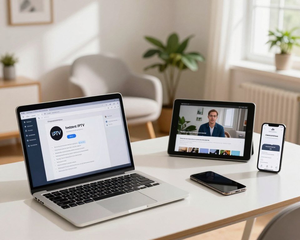 A bright and inviting workspace set up for a tutorial on installing an IPTV application. In the foreground, a modern laptop open to a step-by-step installation guide, with visible applications on the screen. Next to it, a neat desk arrangement featuring a tablet displaying a video tutorial and a smartphone with the installed app interface. In the middle background, a comfortable modern chair and a potted plant, enhancing the atmosphere. Natural light pours in from a window, casting soft shadows, giving a warm and focused feel. The room is designed for tech-savvy individuals showcasing a blend of professionalism and approachability. The overall mood is informative and encouraging, inviting users to engage with the installation process seamlessly.