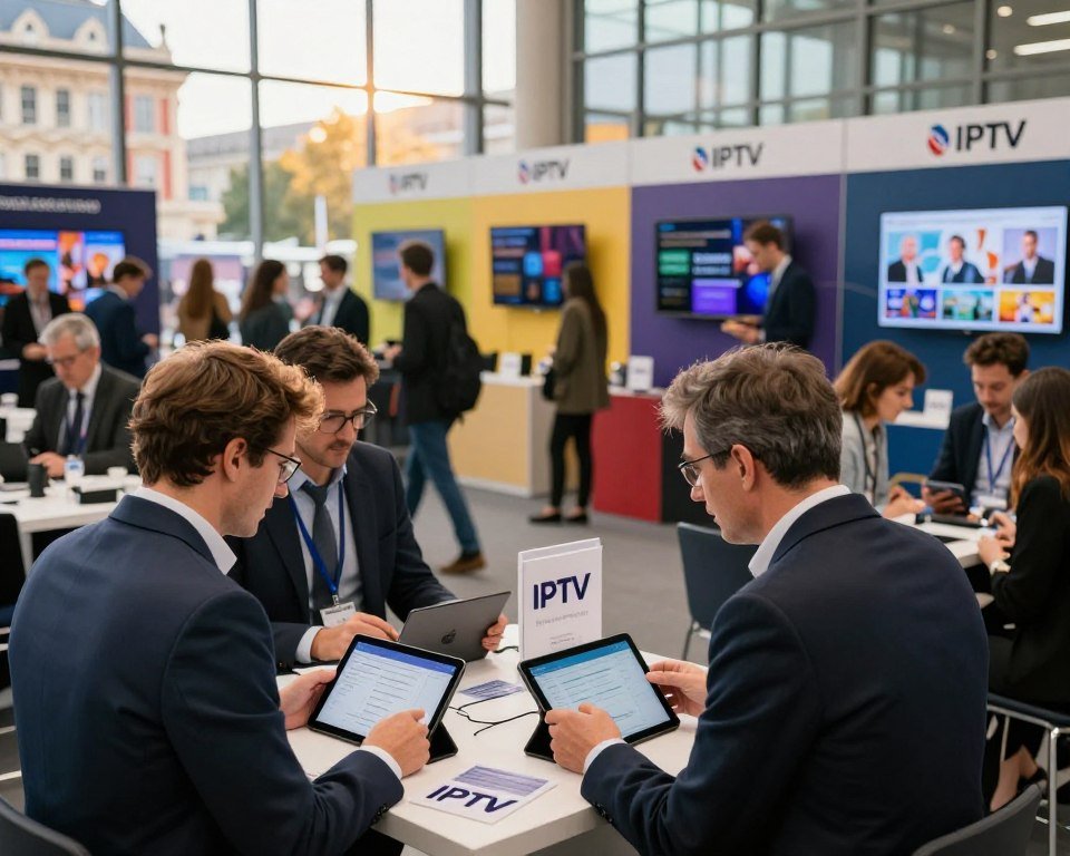 A bustling IPTV market scene in France in 2026, showcasing a diverse group of professionals engaged in discussions about IPTV subscriptions. In the foreground, two individuals in business attire are analyzing data on tablets, surrounded by promotional materials featuring IPTV logos. The middle ground features several vendor kiosks with colorful displays, featuring screens streaming various content. The background presents a modern urban setting, with iconic French architecture partially visible. Soft, natural lighting filters through large windows, casting a warm glow over the scene. The atmosphere is vibrant and collaborative, highlighting innovation and growth in the IPTV sector, reflecting the dynamic landscape of technology in France.