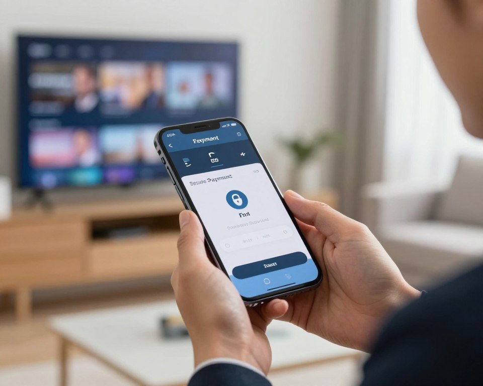 A close-up of a secure payment process on a sleek, modern smartphone, held by a professional in business attire, set against a soft-focus background of a contemporary living room with a Smart TV displaying streaming options. The lighting is bright and inviting, highlighting the smartphone’s screen, which shows a clear and visually appealing payment confirmation page. In the middle ground, subtle elements like a credit card and security symbol are included, reinforcing the theme of secure payments. The atmosphere is trustful and professional, conveying a sense of safety and reliability in financial transactions. The angle should be slightly tilted, providing a dynamic perspective on the subject. The overall mood is secure and innovative, emphasizing cutting-edge technology in a home environment.