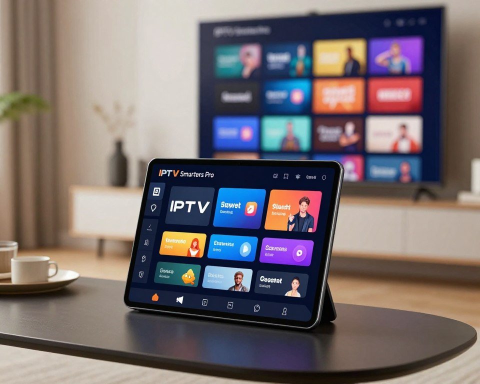 A close-up of a sleek digital device displaying the IPTV Smarters Pro interface, with vibrant icons and a user-friendly menu. The device is placed on a stylish living room table, surrounded by minimalist decor and soft ambient lighting that creates a cozy atmosphere. In the background, a cinematic view of a modern TV screen showcases various subscription offers and packages related to IPTV services, emphasizing exclusivity. A subtle depth of field blurs the background slightly, drawing focus to the device in the foreground. The scene should evoke a sense of advanced technology and sophistication while remaining inviting and accessible for all users. The image should be bright and clear, with natural lighting that enhances the details.