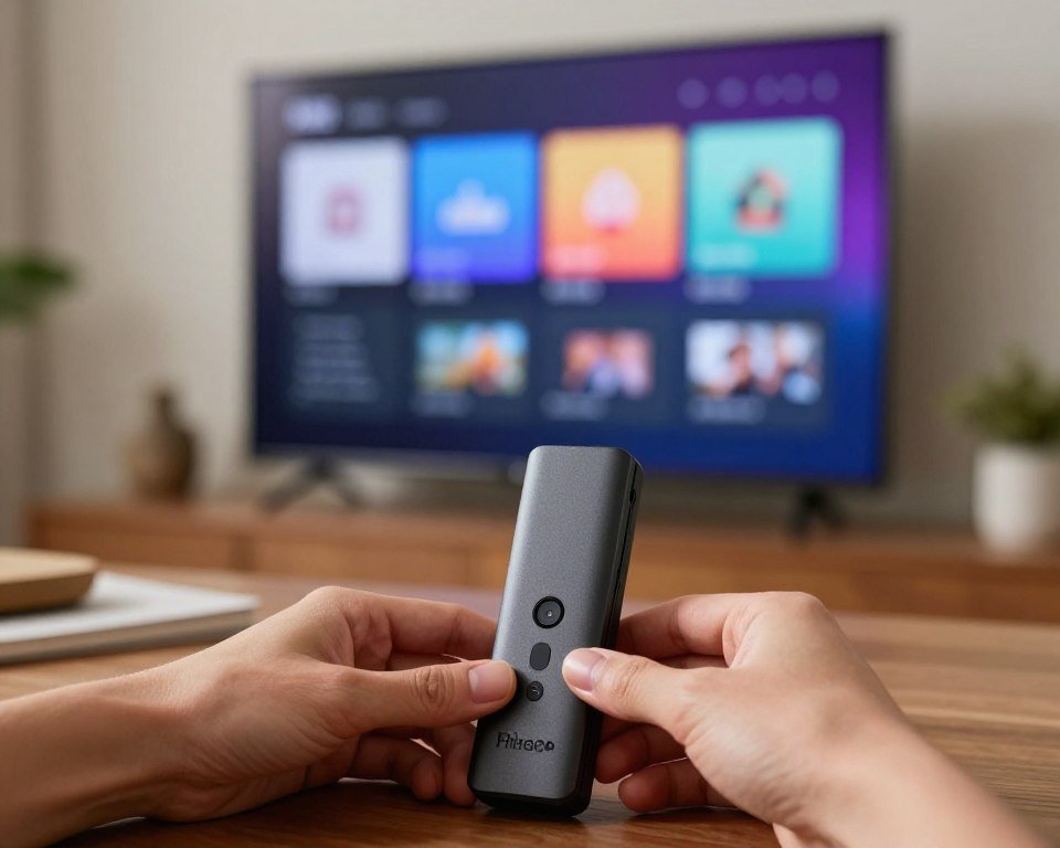 A close-up view of a TV Fire Stick being prepared for installation. The foreground features the sleek Fire Stick device, centered on a wooden table, with a pair of hands gently holding it. In the middle ground, a modern TV screen displays the setup menu, with bright and vivid colors reflecting the digital interface. The background includes a cozy living room setting with soft lighting, creating an inviting atmosphere. A subtle bokeh effect blurs the background details, ensuring the Fire Stick remains the focal point. Use natural, warm lighting to enhance the inviting mood, captured at a slight angle that emphasizes both the device and the TV screen.