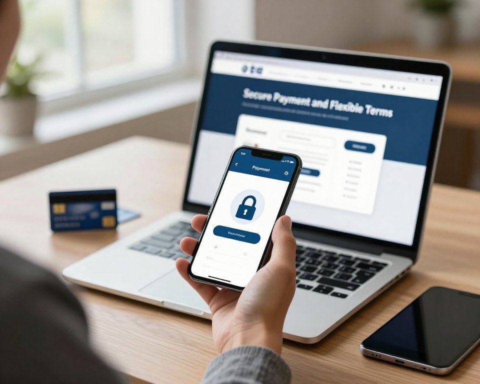 A close-up view of a secure payment process, showcasing a digital transaction scene. In the foreground, a hand in professional attire is holding a smartphone displaying a secure payment application with a lock icon, symbolizing safety. The middle ground features a modern laptop with a visible screen, displaying a subscription service interface, surrounded by credit cards and a tablet for added context. The background is softly blurred but suggests a cozy and inviting home office setting, illuminated by natural light coming through a window. The overall atmosphere is one of trust and convenience, reflecting the idea of "Secure Payment and Flexible Terms" in a professional and welcoming manner.