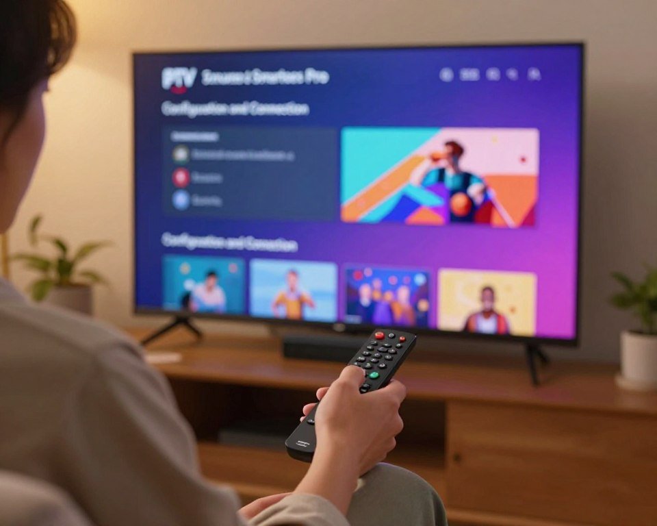 A close-up view of a sleek, modern IPTV setup featuring an Amazon Fire Stick connected to a large, vibrant flat-screen TV. In the foreground, an individual in modest casual clothing is seen interacting with a remote control, focused intently on the screen displaying the IPTV Smarters Pro interface. The middle ground showcases the TV with a colorful, visually appealing menu system, emphasizing the "Configuration and Connection" section. The background consists of a cozy living room setting, softly lit with warm artificial lighting, creating an inviting atmosphere. The angle captures the engagement of the user, reflecting concentration and ease of use, while the overall mood is informative and user-friendly, highlighting the simplicity of IPTV configuration.
