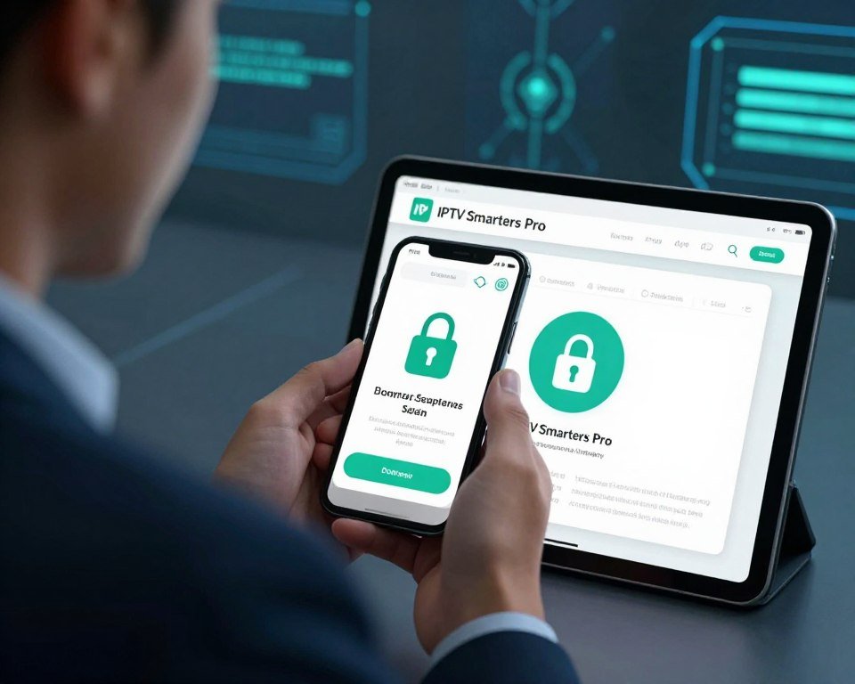 A close-up view of a smartphone and a tablet displaying the IPTV Smarters Pro application interface, emphasizing security features like a padlock symbol and a secure connection icon. In the foreground, a professional-looking person in business attire is demonstrating the app, with a focused expression. The middle ground shows a subtle, tech-inspired background with abstract digital elements, suggesting data protection and legality. The atmosphere is calm and secure, with cool blue and green lighting to evoke a sense of trust and safety. Soft focus on the background elements gives depth, while accentuating the devices in the forefront. The overall composition conveys professionalism and modern technology, appropriate for an informative article.