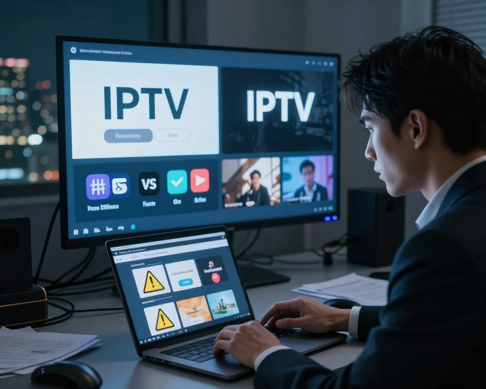 A conceptual image illustrating the risks of illegal IPTV services in a modern digital context. In the foreground, a person in professional attire examines a laptop filled with streaming icons and warning signs, looking concerned. In the middle ground, a large screen displays a split view of legal vs. illegal IPTV offerings, with the legal side glowing softly and the illegal side shadowed and flickering. The background features a dimly lit room with cables tangled and scattered papers, hinting at the chaos of illegal streaming. Soft blue and gray lighting creates a serious, reflective mood, while a subtly blurred city skyline is visible through a window, symbolizing the real-world implications of digital choices. The angle is slightly elevated, giving a perspective of scrutiny and contemplation.