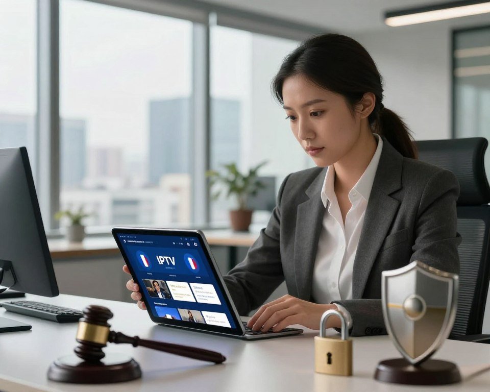 A confident professional in business attire sits at a sleek desk, examining a high-resolution tablet displaying an IPTV subscription interface. Surrounding them are symbols of legality, such as a gavel, a secure lock, and a shield, subtly blending into the scene. The office is modern and well-lit, emphasizing a sense of security and professionalism. In the background, a large window reveals a cityscape, suggesting a contemporary urban environment. Soft, warm lighting creates a reassuring atmosphere, highlighting the importance of legality and security in IPTV subscriptions in France. The composition captures the balance between technology and trust, conveying a mood of assurance and clarity.
