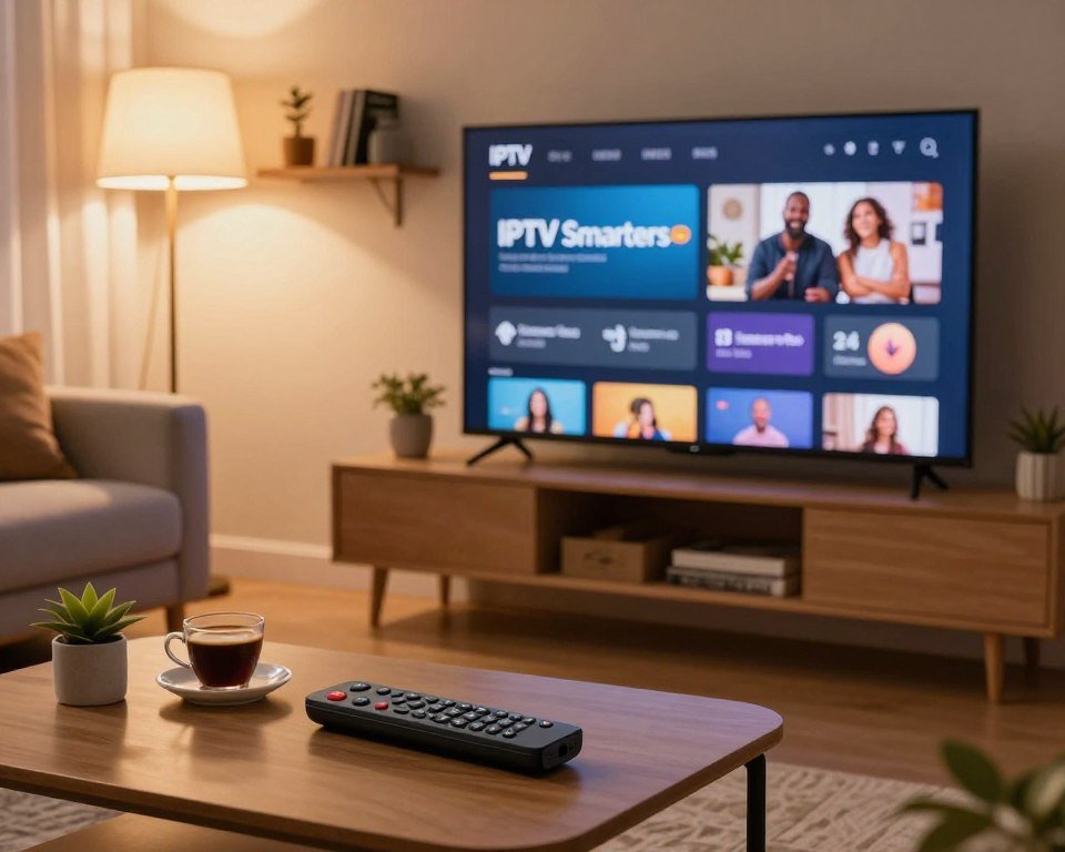 A cozy home living room scene focused on a modern TV displaying the IPTV Smarters Pro interface on an Amazon Fire Stick. In the foreground, a sleek remote control rests on a coffee table, surrounded by a few typical living room items like a cup of coffee and a small plant. The middle layer features a comfortable couch facing the TV, with warm, inviting lighting from a floor lamp casting a soft glow. In the background, you can see a stylish shelf with a few books and decorative items. The atmosphere is relaxed and user-friendly, illustrating the ease of installing IPTV Smarters Pro on the Fire Stick. Capture a slightly elevated angle to provide a comprehensive view of the setup, ensuring the focus remains on the television interface and its functionality.