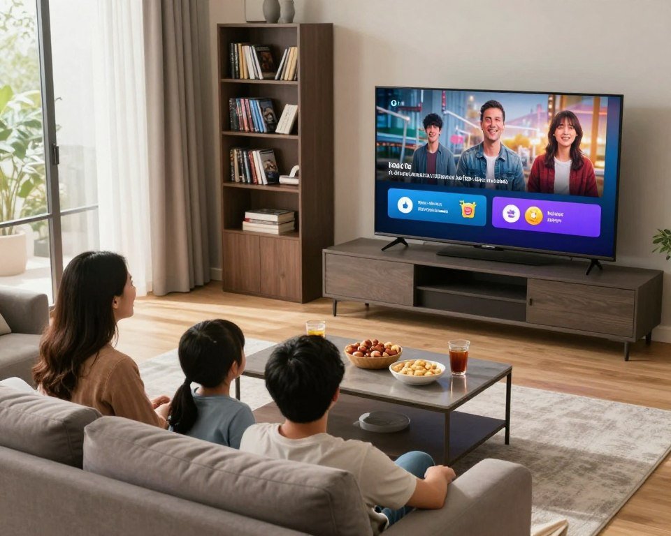 A cozy living room scene featuring a family enjoying an IPTV streaming experience on a large flat-screen TV. In the foreground, a mother, father, and their two children are comfortably seated on a stylish sofa, engaged and smiling as they watch their favorite show. The middle layer includes a beautifully decorated coffee table with snacks and drinks, creating a warm, inviting atmosphere. In the background, a modern bookshelf filled with DVDs and books adds depth. Soft, natural lighting streams in through a large window, creating a relaxed, intimate mood. The camera angle is slightly above eye level, capturing the family's expressions and the engaging content on the screen, reflecting positive user experiences and client testimonials.