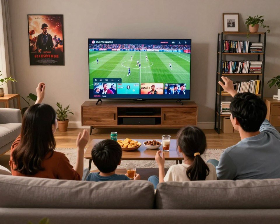 A cozy living room scene showcasing a modern smart TV displaying a vibrant sports game, surrounded by streaming options for films and series. In the foreground, a family of four—two adults and two children—are seated on a comfortable couch, wearing casual clothing, excitedly watching the game. The middle ground features a coffee table with snacks and drinks, emphasizing a relaxed atmosphere. In the background, soft ambient lighting enhances the room’s inviting feel, with subtle decorations like movie posters and shelves filled with DVDs and books. The overall mood conveys enjoyment and excitement, capturing the essence of spending quality time together while accessing a variety of entertainment options through IPTV.